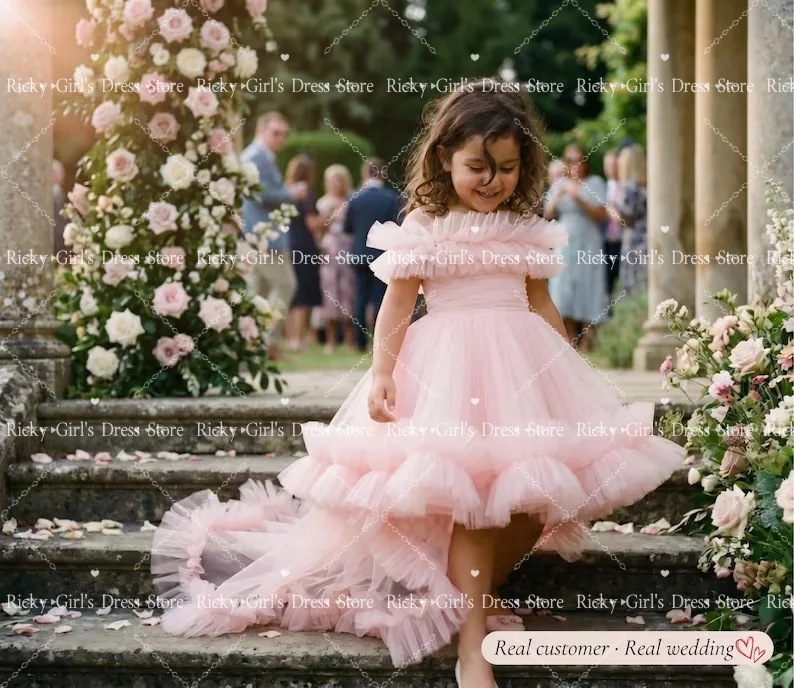 Customized Elegant Pink Formal Evening Dresses Flower Girl Dress With Train Tulle Ruffles Wedding Birthday Princess Outfit