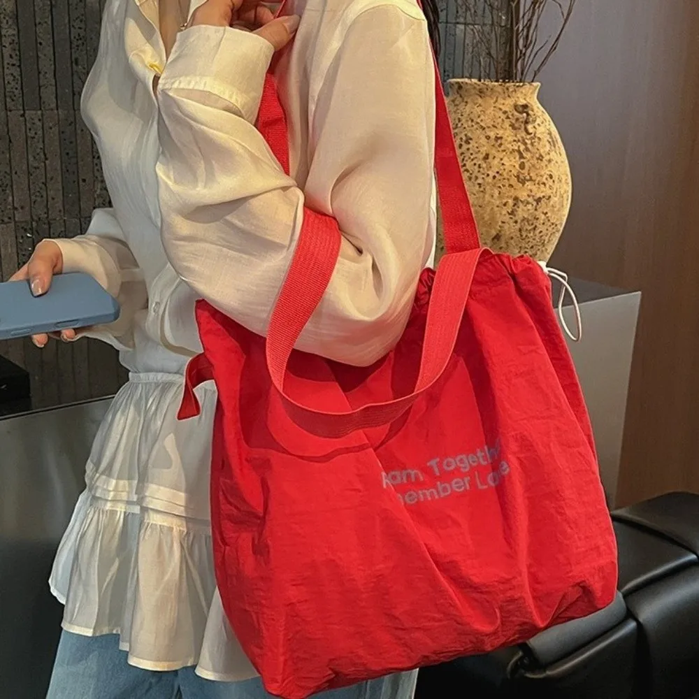 Letter Shoulder Bucket Bag Large Capacity Solid Color Drawstring Tote Bag Korean Style Magnetic Buckle Shopping Handbag Women