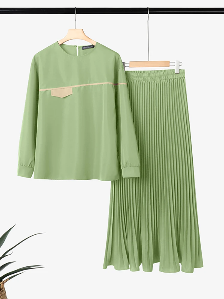 

ZANZEA Хиджабы Женские скромные комплекты с юбкой Блузка с длинными рукавами и плиссированная макси-юбка Костюмы из 2 предметов Мусульманский наряд на Рамадан