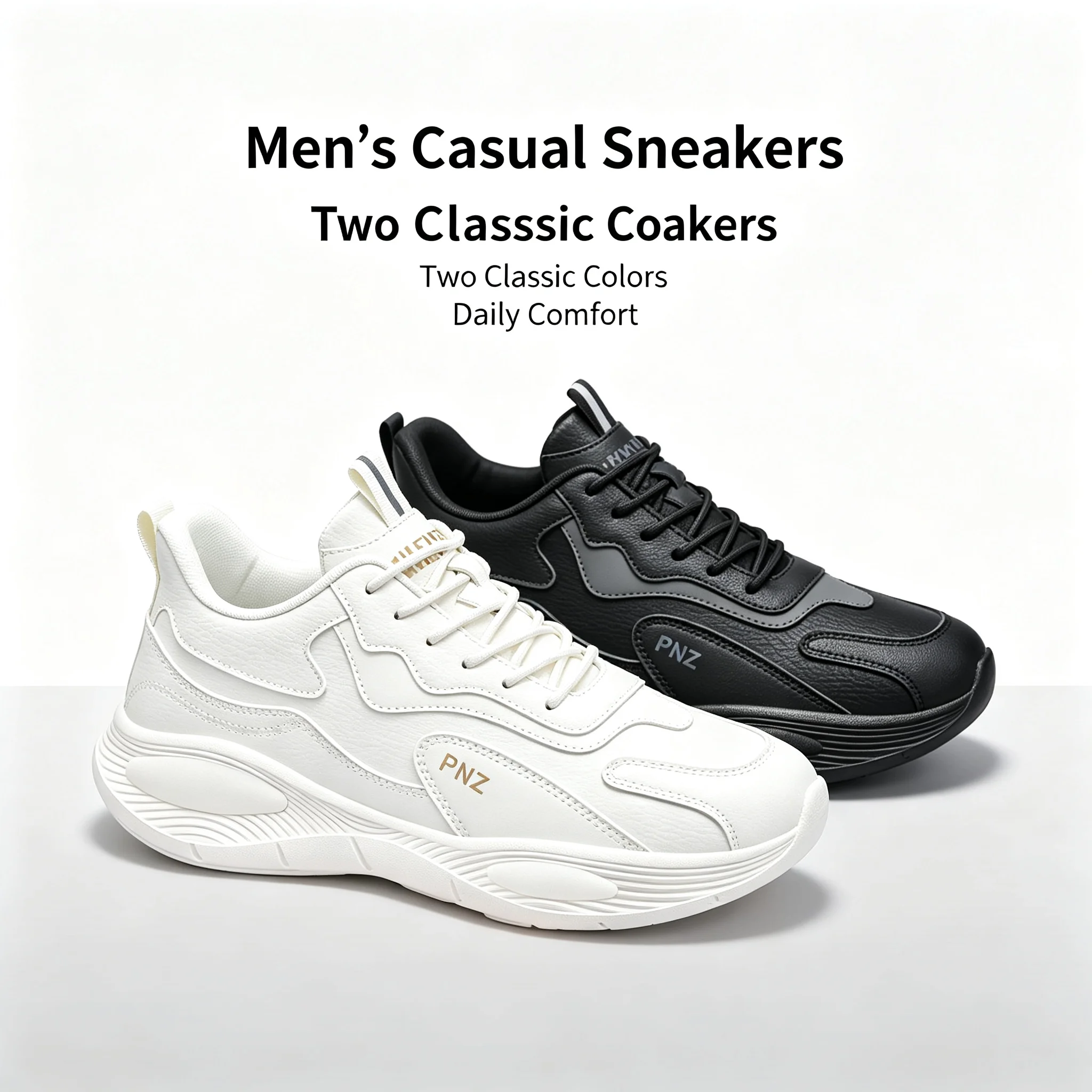 Men's Leather Surface Dad Shoes Thick Sole Height‑increasing Lightweight Sneakers Casual Walking Running Shoes
