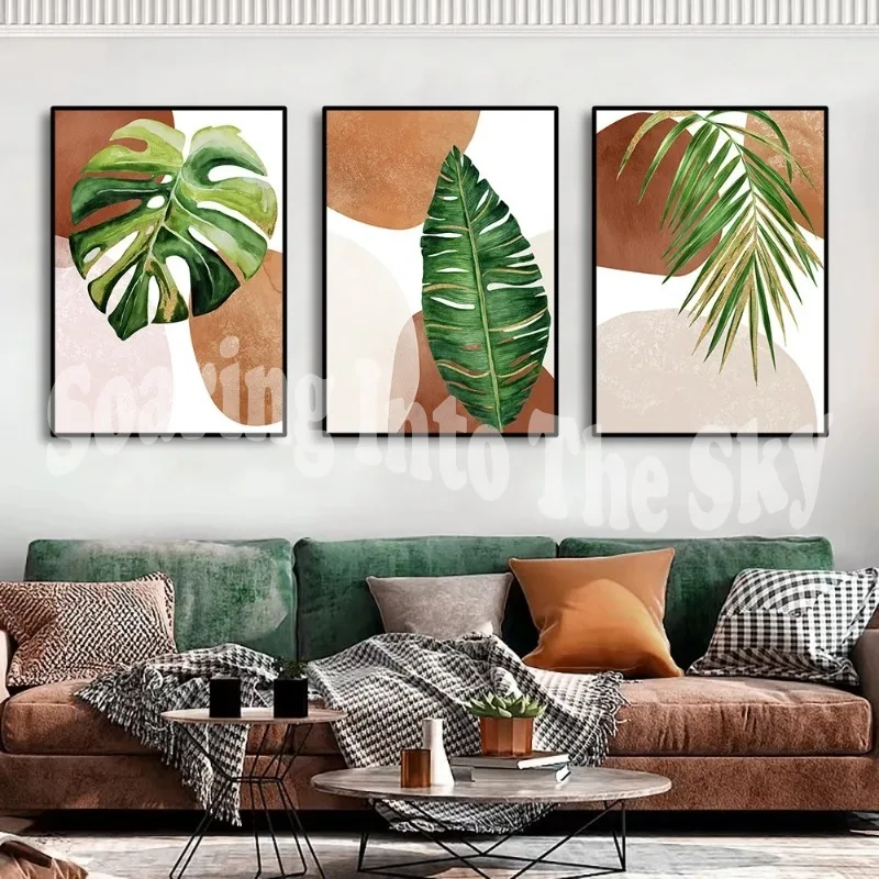 3pcs Abstract Green Gold Monstera Leaves Canvas Painting Wall Art Plants Posters Art Prints Pictures for Living Room Home Decor