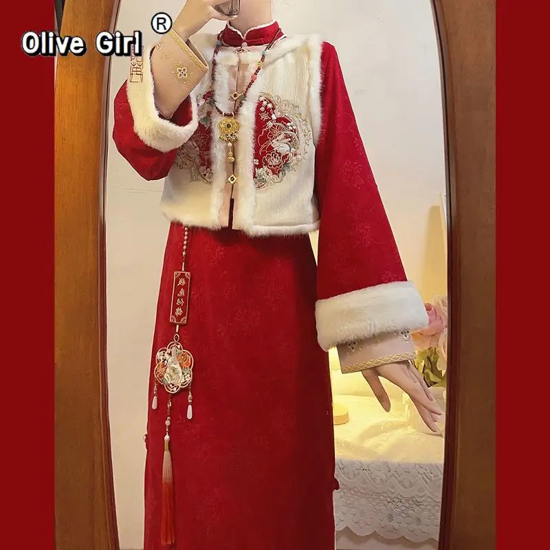 

Новогодний жилет с приветками, платье Cheongsam, Qipao, изысканный красный праздничный комплект с вышивкой, зимнее пальто, куртка, рождественский толстый бархат