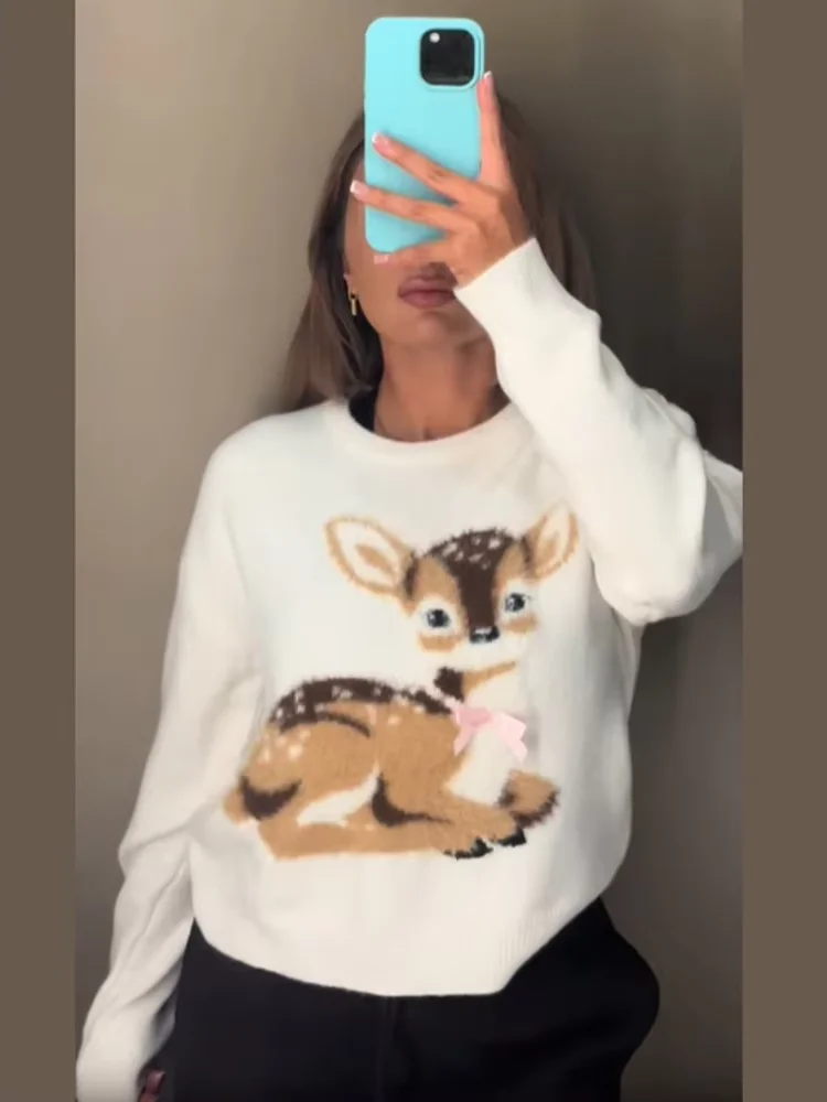 Casual Cute Bambi Deer Print Knit Sweater Women Sweet Fuzzy Round Neck Long Sleeve Pullover Lady Autumn Daily Trendy Streetwear
