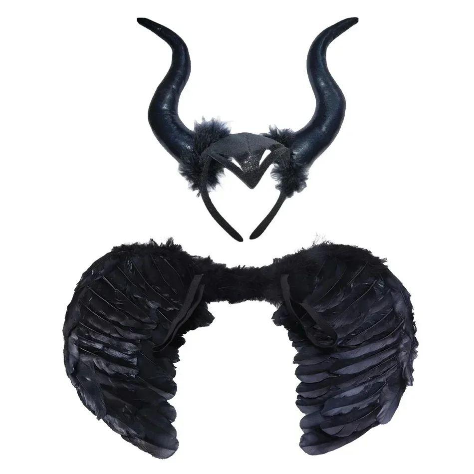 Women Kids Black Queen Demon Long Ox Horns Headwear Cosplay Evil Witch Headpiece Halloween Carnival Party Costume Hair Hoop Prop