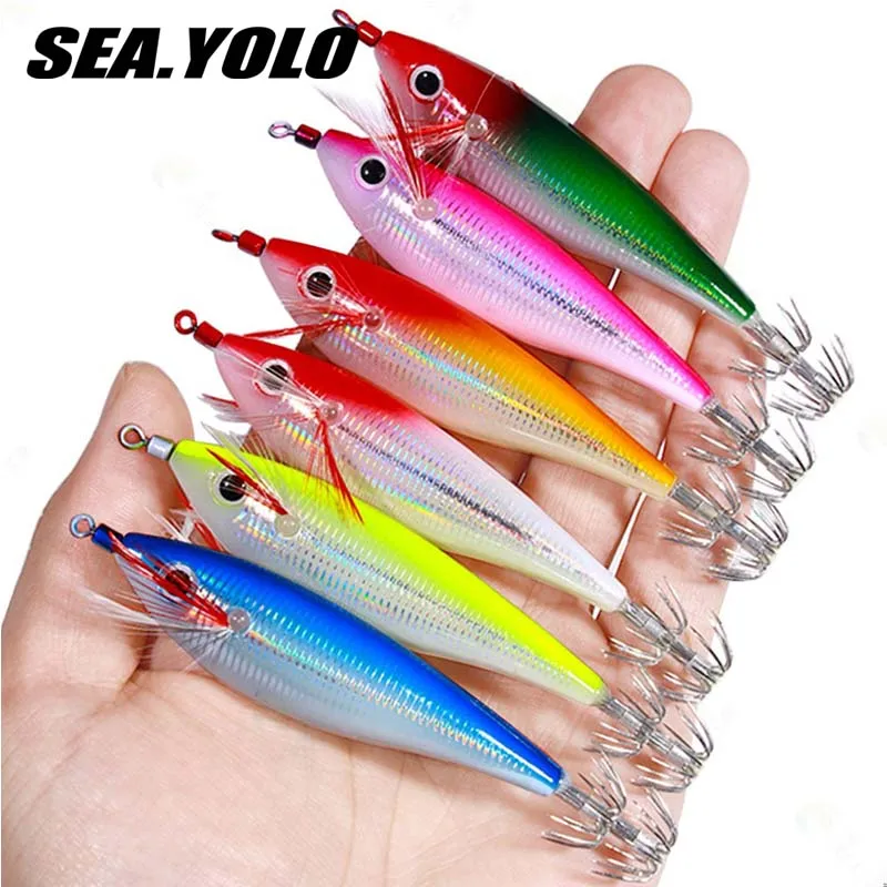 Sea.Yolo 10cm10g Luminous Fishing Lure Wood Shrimp Bait Artificial Squid Hook Octopus Cuttlefish Hard Baits For Sea Fishing