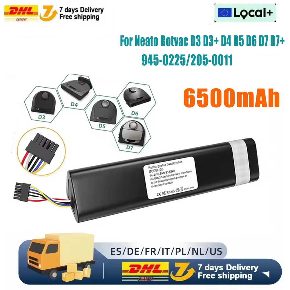 Batteria di ricambio per aspirapolvere robot Neato D3, D4, D5, D6, D7, 14,4 V, 6500 mAh, batteria agli ioni di litio, codice prodotto: 945-0225.