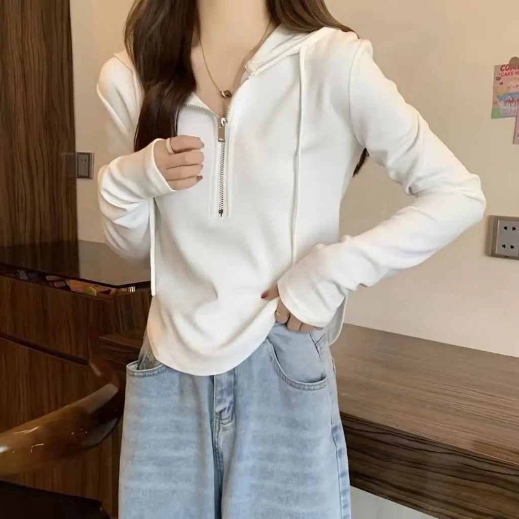

Women's Slim-fit Hooded Sweater Long-Sleeved T-shirt High Waist Base Shirt Inner Short Top New Arrival