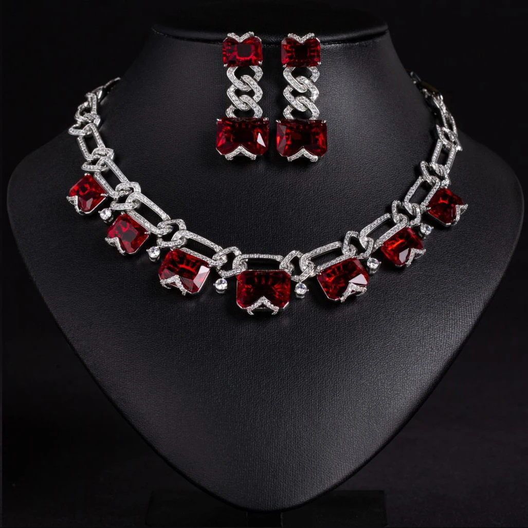 Saudi Light Luxury 2 Pcs Elegant Multi-colour Square Loop Necklace Earrings Holiday Travel Party Prom Banquet Wedding Gift M-640