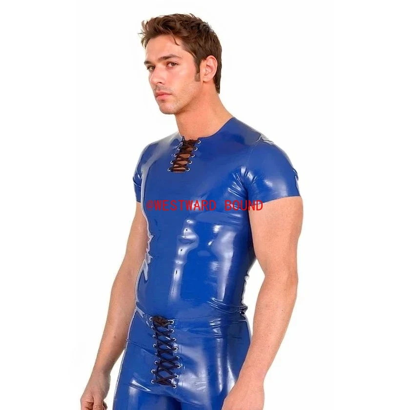 customized latex top men's blue rubber short-sleeved top shorts black lace-up handmade rubber costume clubwear