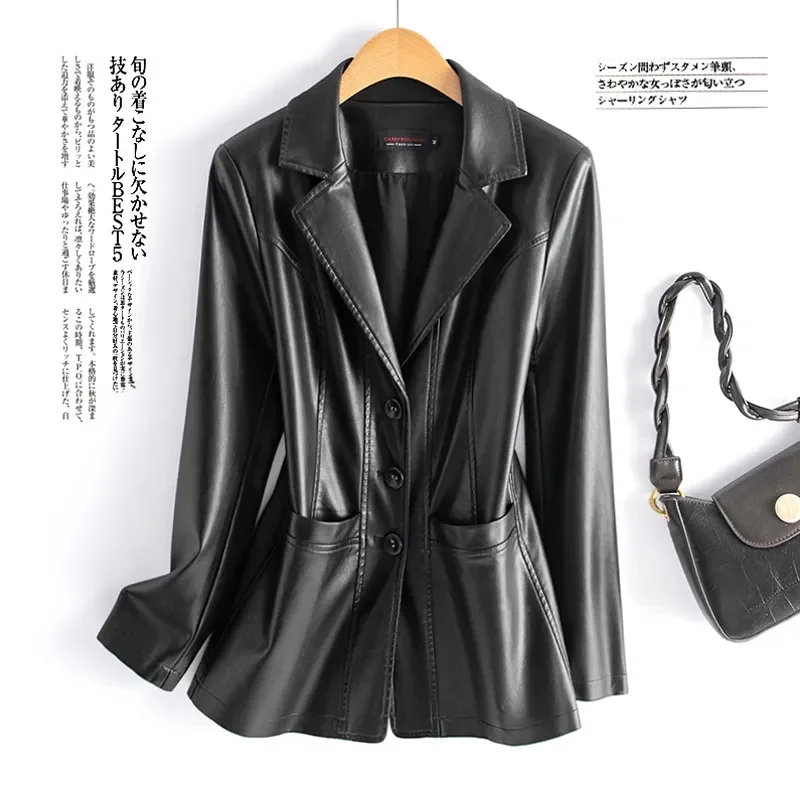 Streetwear Women\'s 2nd Layer Sheepskin Suit Jacket Leather Short Blazer Coat Spring Autumn Single-breasted Outerwear Casual Tops