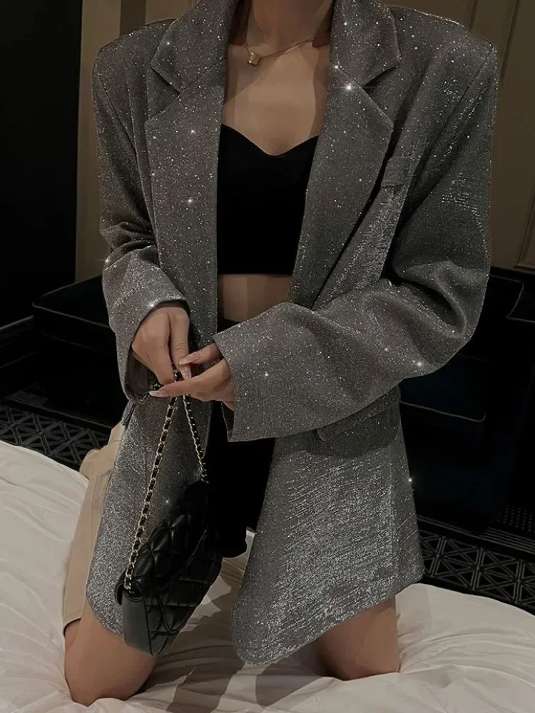 Sequin Glitter Lapel Suit Outwear For Women Luxury Long Sleeve Fashion Overcoat Pocket Elegant Sparkle Coat Women's Suit Outwear