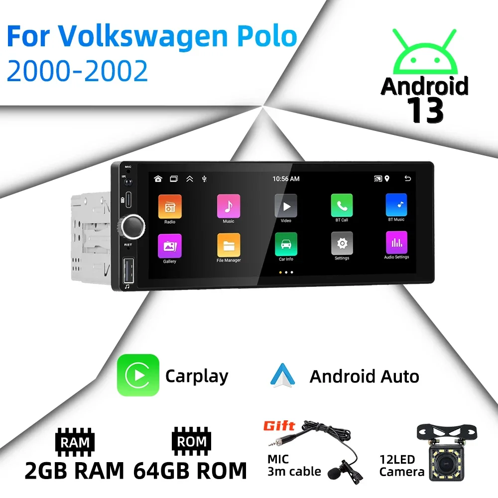 

Мультимедийная магнитола Carplay, 1 Din, Android, для Volkswagen Polo, 2000-2002 дюймов, экран 6,86 дюйма, стерео, GPS, Wi-Fi