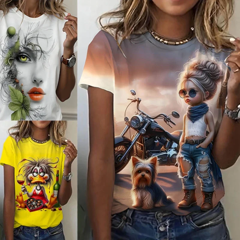T-shirt a maniche corte con motivo cartoon 3D taglie forti da donna nuova T-shirt sportiva da esterno casual elegante con scollo tondo Asciugatura rapida
