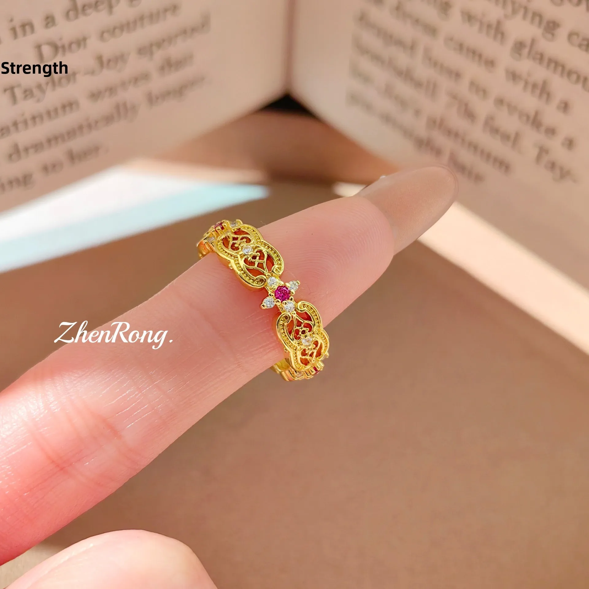 

Kaivy Vintage Court Flower Silk Red Ruby Ring Gold Color Hollow Middle Finger Ring Women's ular Single Piece Jewelry