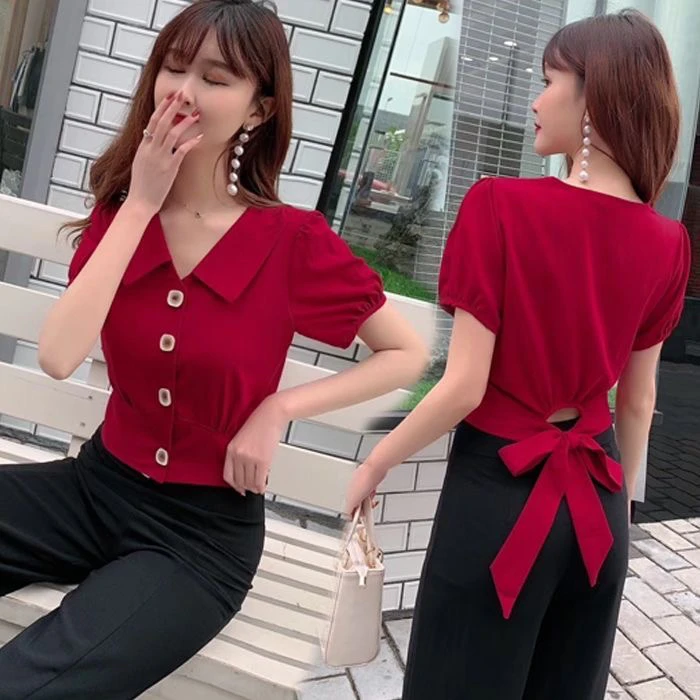 

Белая женская летняя рубашка с V-образным вырезом и коротким рукавом в стиле ретро (гонконгский стиль), укороченный топ, дизайнерская новинка