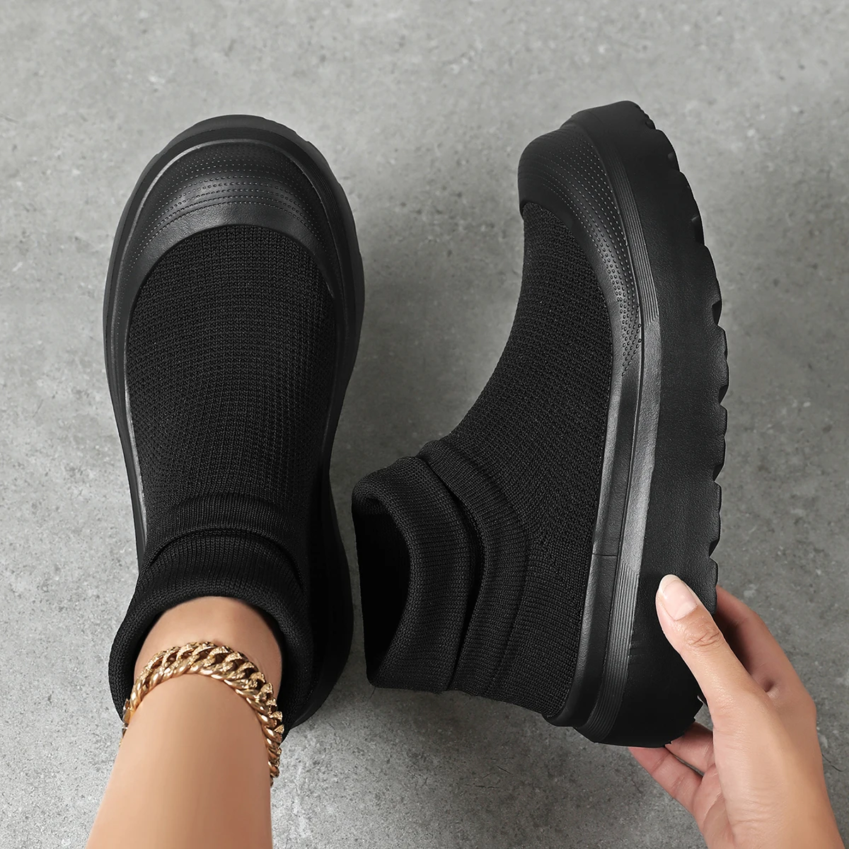 Women's Platform Sock Boots Black Knit Slip-On Chunky Sneakers Casual Stretch Ankle Shoes view 2