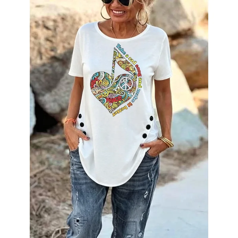 ilstile Women's Hippie Retro Peace Letter Print T-Shirts Summer Short Sleeve Casual Loose Round Neck Tops Tees NEW
