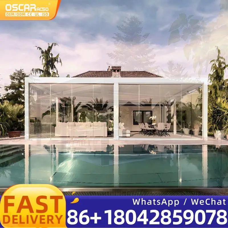 5x8M Motorized Retractable Garden Louver Pergola Gazebo Wall mounted With Screen for Patio Backyard Outdoor pergola