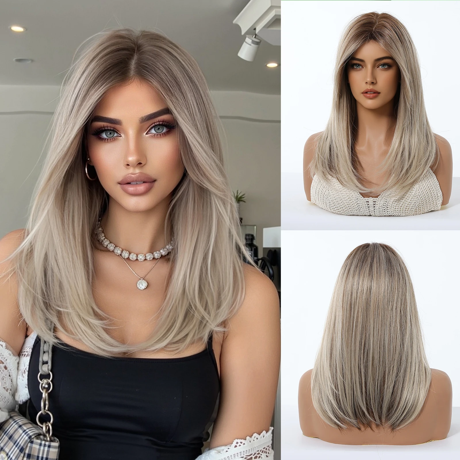 Blonde Brown Ombre Synthetic Wigs Medium Length Straight Fiber Wigs For Women Daily Party High Temperature Natural Fake Hair