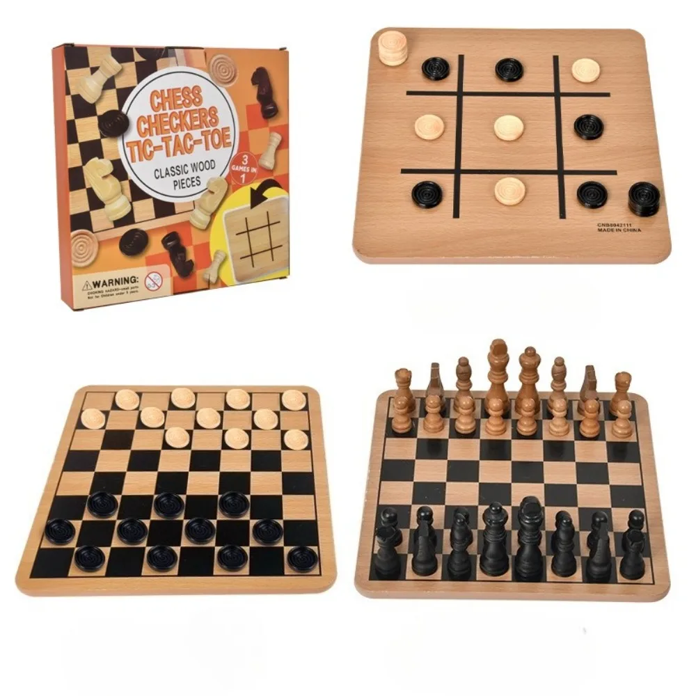 

3 IN 1 Games Reversible Wooden Board for Chess, Checkers & Tic-Tac-Toe - 24 Interlocking Wooden Checkers and 32 Chess Pieces