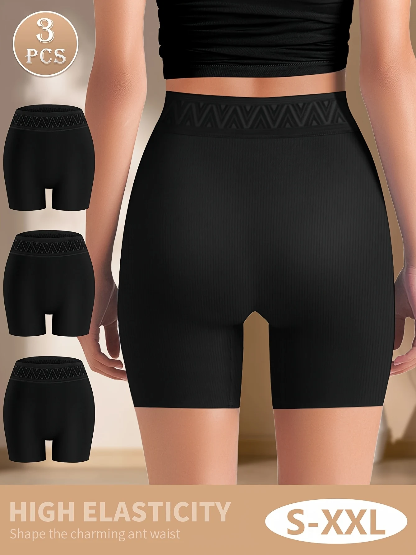 

3 шт. женские короткие трусики для мальчика с высокой талией — эластичные, удобные и стильные, однотонные (персиковый) с зигзагообразным узором,