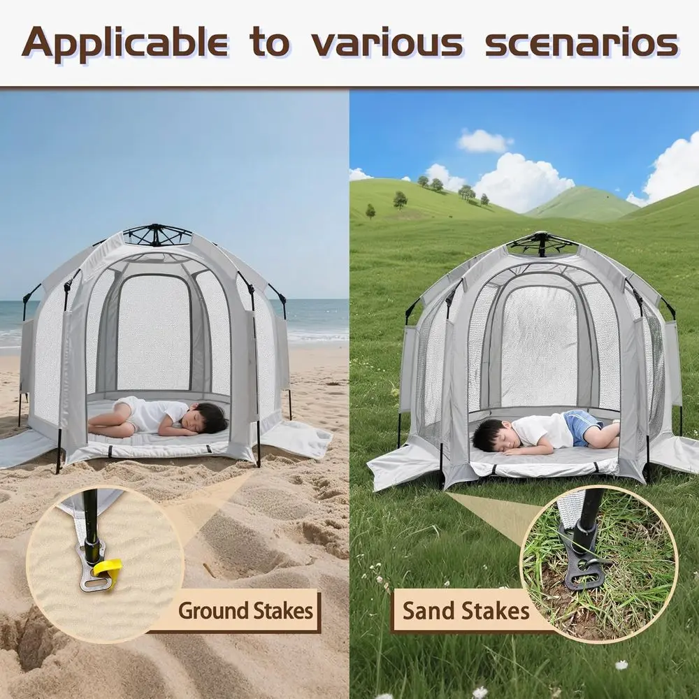 Tragbarer Laufstall für Kleinkinder mit Baldachin, Spielplatz für Kleinkinder im Innen- und Außenbereich, faltbares Moskitonetz – Grau