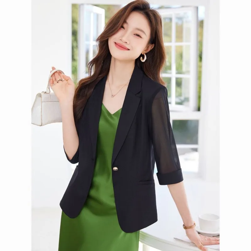 

Женский летний легкий черный блейзер из прозрачной сетки с одной пуговицей и рукавом 3/4, повседневный офисный наряд