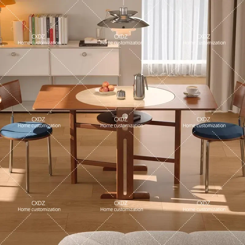 Medieval Solid Wood Folding Dining Table Round Semicircular Rock Slab Top Compact Foldable Table for Small Apartment