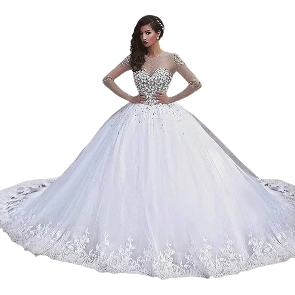 Cristais personalizados beading vestido de baile robe de mariée 2023 vestidos de casamento trem varredura mangas compridas rendas apliques vestidos de noiva