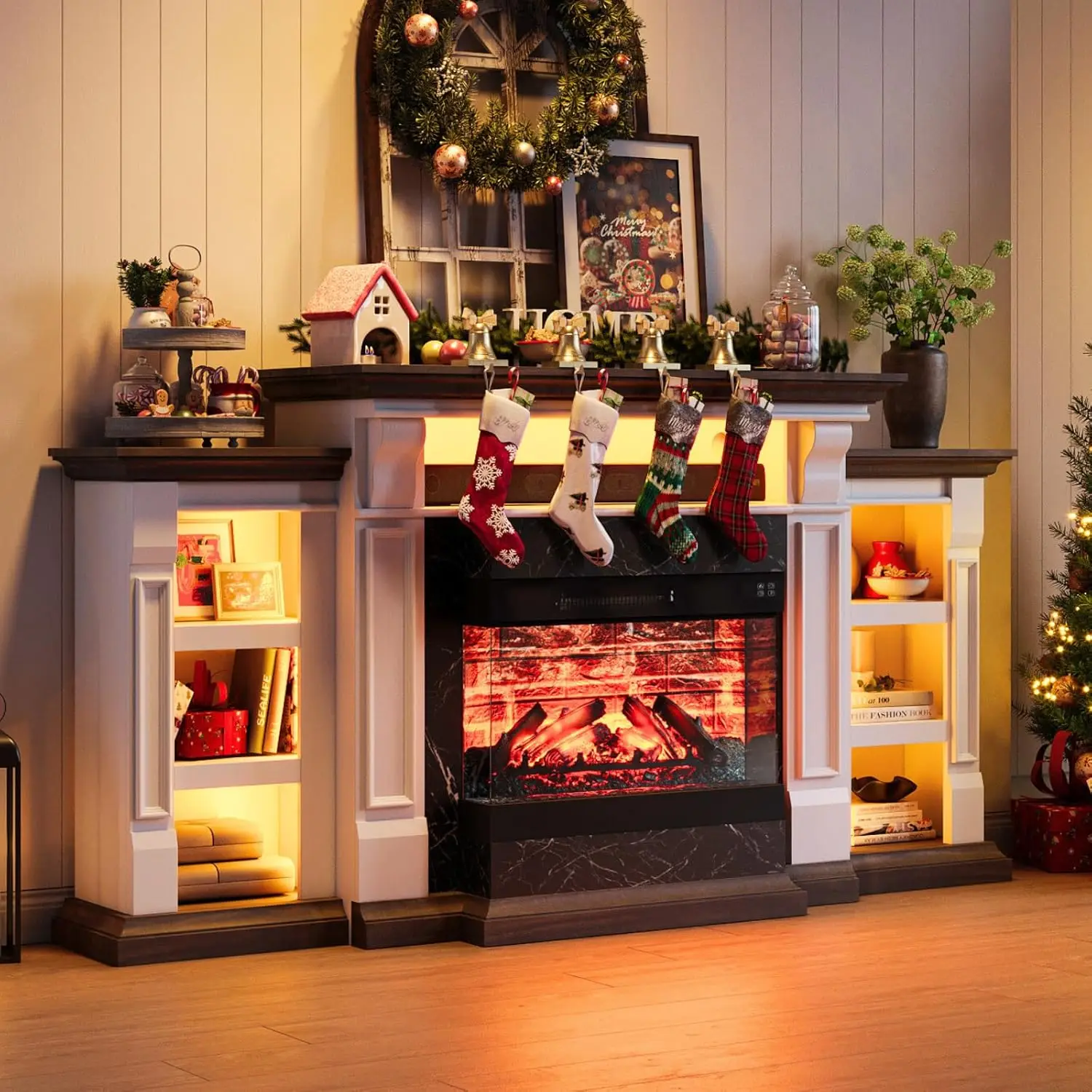 

72" Electric Fireplace TV Stand Mantel Cabinets LED 3-Side Glass Realistic Flame Insert Heater Living Room Bedroom, Customized