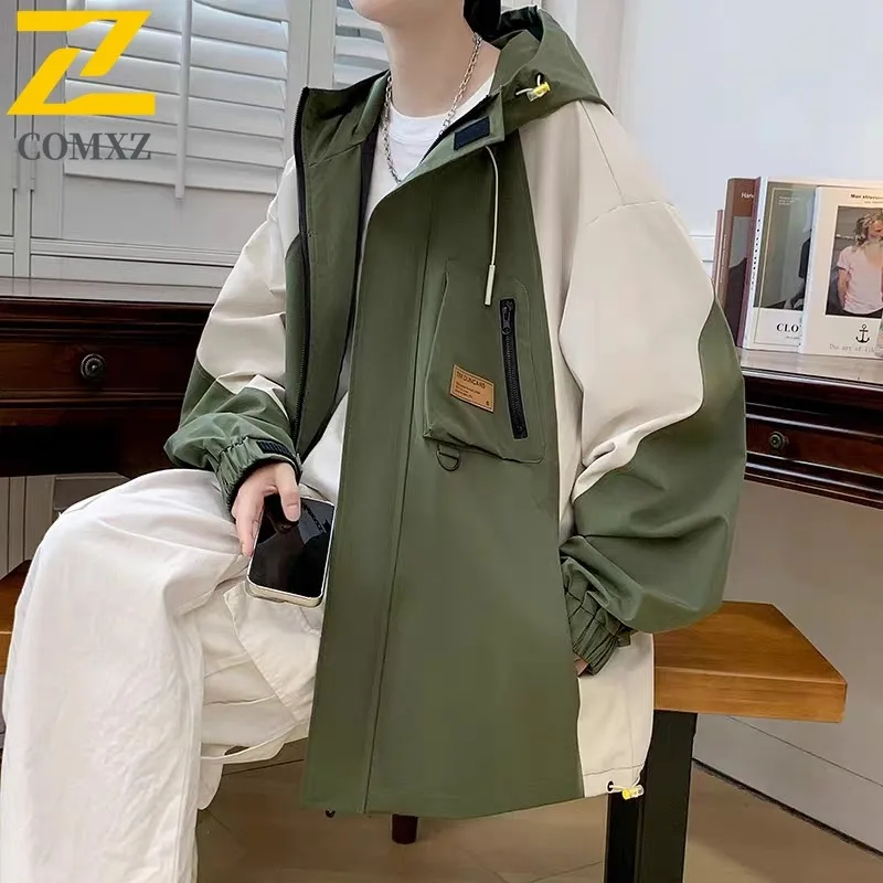 

COMXZ Men Outdoor Casual Hooded Jacket Spring American Style Waterproof Windbreaker Lightweight Streetwear Adjustable Cuffs Coat