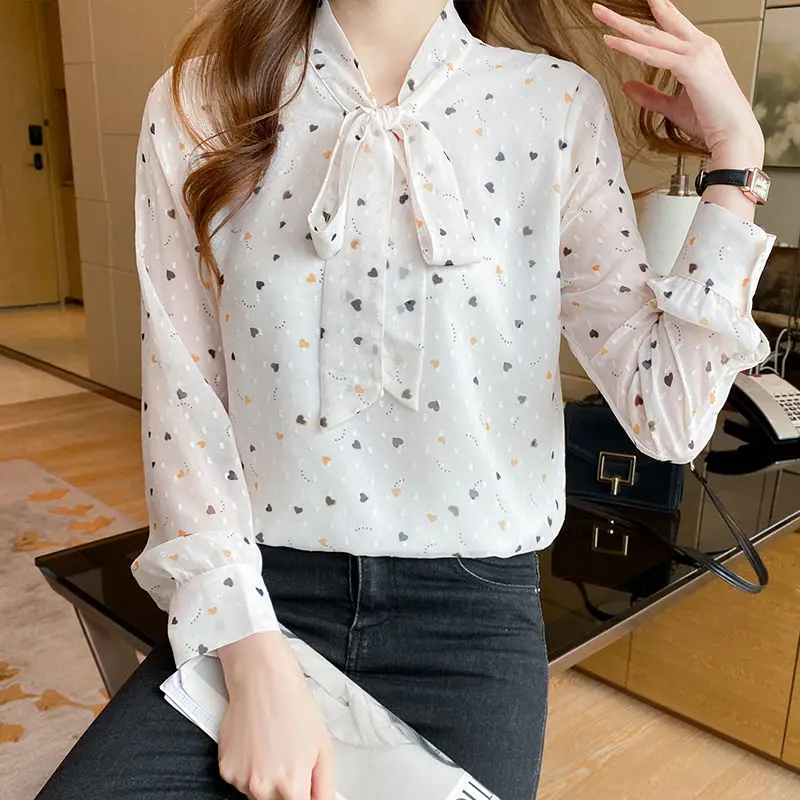 

Elegant Chic Sweet Print Bow Lace Up Street Chiffon Shirts Spring Korean Style V Neck Long Sleeve Tops Blouses for Women Clothes