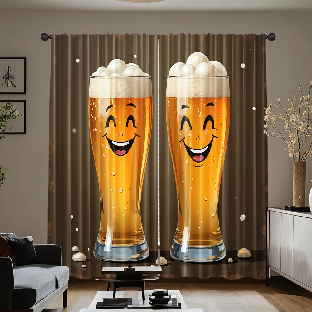 Smiling Humorous Beer Glass Print Drapes Room Darkening Window Curtains for Home Decor,Rod Pocket Blackout Curtains Bedroom