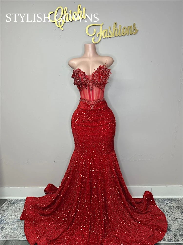 

Red Bead Crystal Long Prom Dresses Sweetheart Sequin 2024 Birthday Luxury Dress Black Girl Rhinestone Formal Gown Customized