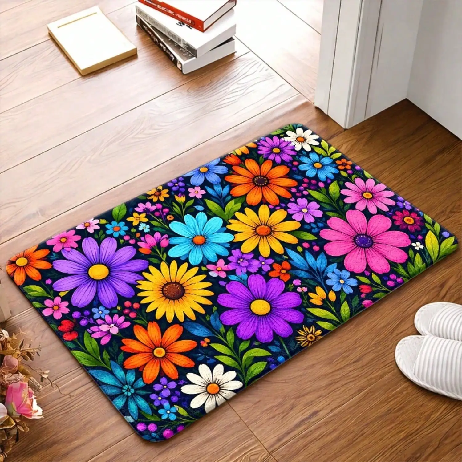 1pc, Colorful Flower Pattern Doormats, Durable, Stain - Resistant, Machine - Washable, Bath Mat Suitable For Living Room, Bedroom, Office, Indoor, Bathroom