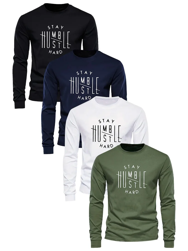 2025 New Style Simple Letter Printed Mens Round Neck Long Sleeve Outdoor Activity T-Shirt Autumn Casual Comfortable Clothing Top