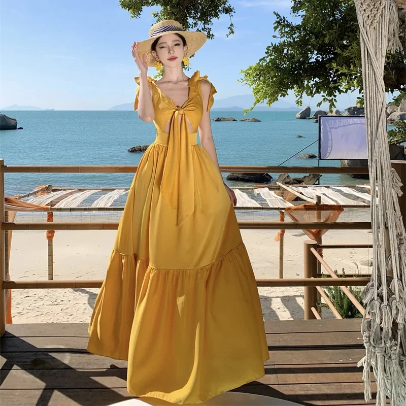 

Women's High Waist Retro Beach Sling Dress Slim Fit Luxury Sleeveless Long Vestido for Seaside Vacation Party Sexy 2025