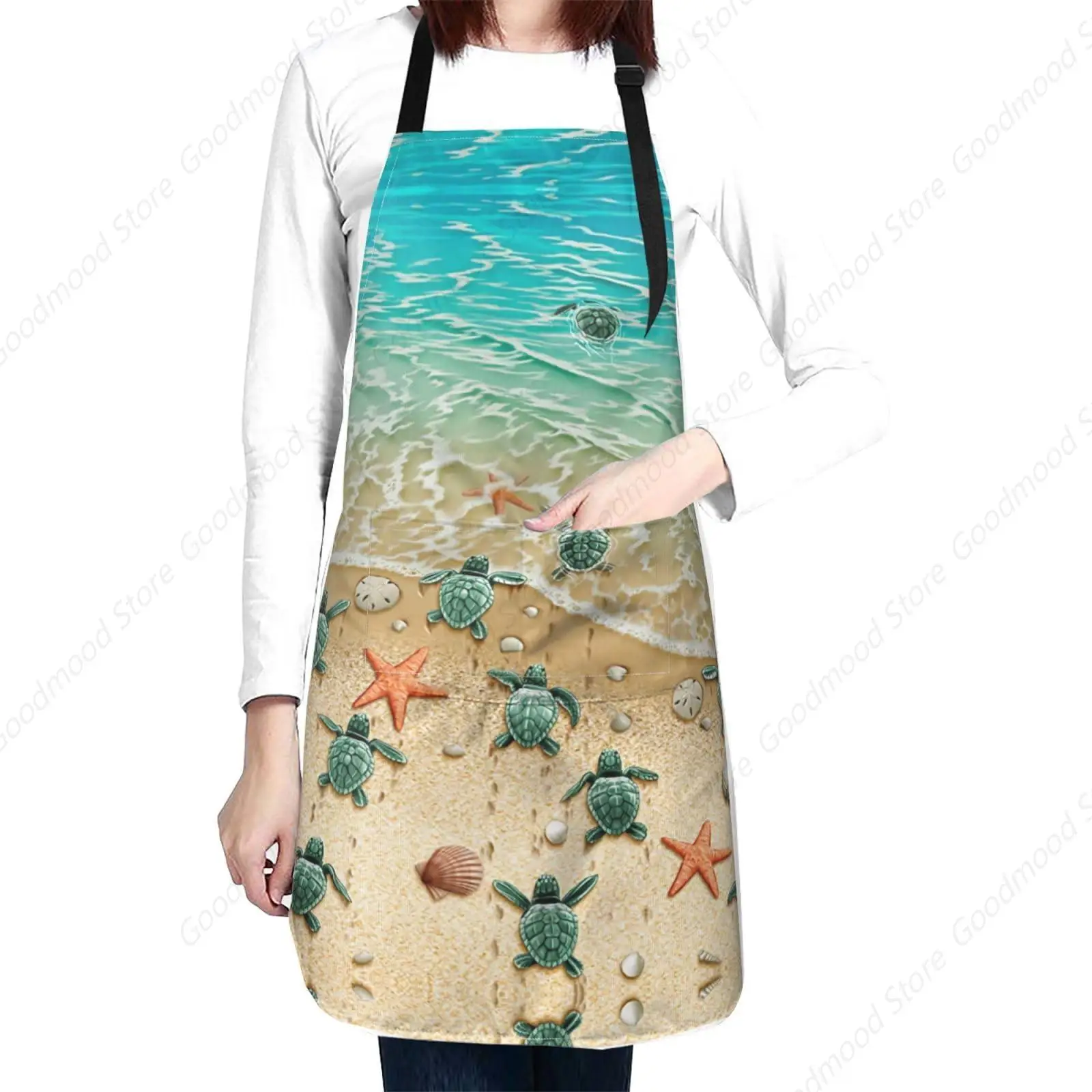 Sea Turtle Print Apron with 2 Pockets Waterproof Adjustable Apron for Kitchen Cooking Gardening Holiday Gifts