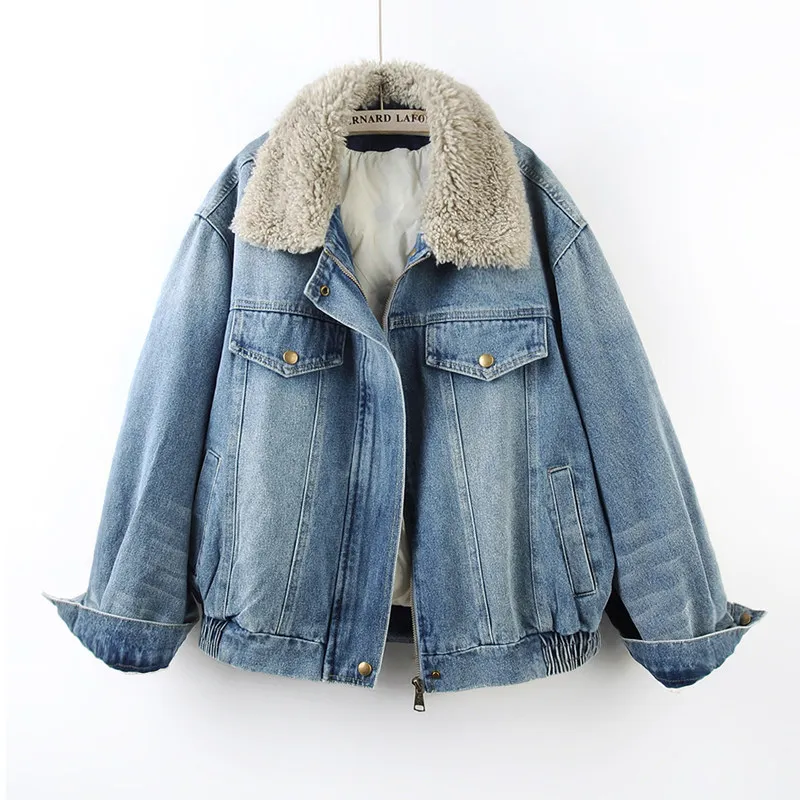 Winter Women Faux Lambwool Lapel Patchwork Blue Denim Coat Casual Zipper Long Sleeve Warm Down Liner Jeans Jacket Chaqueta Mujer