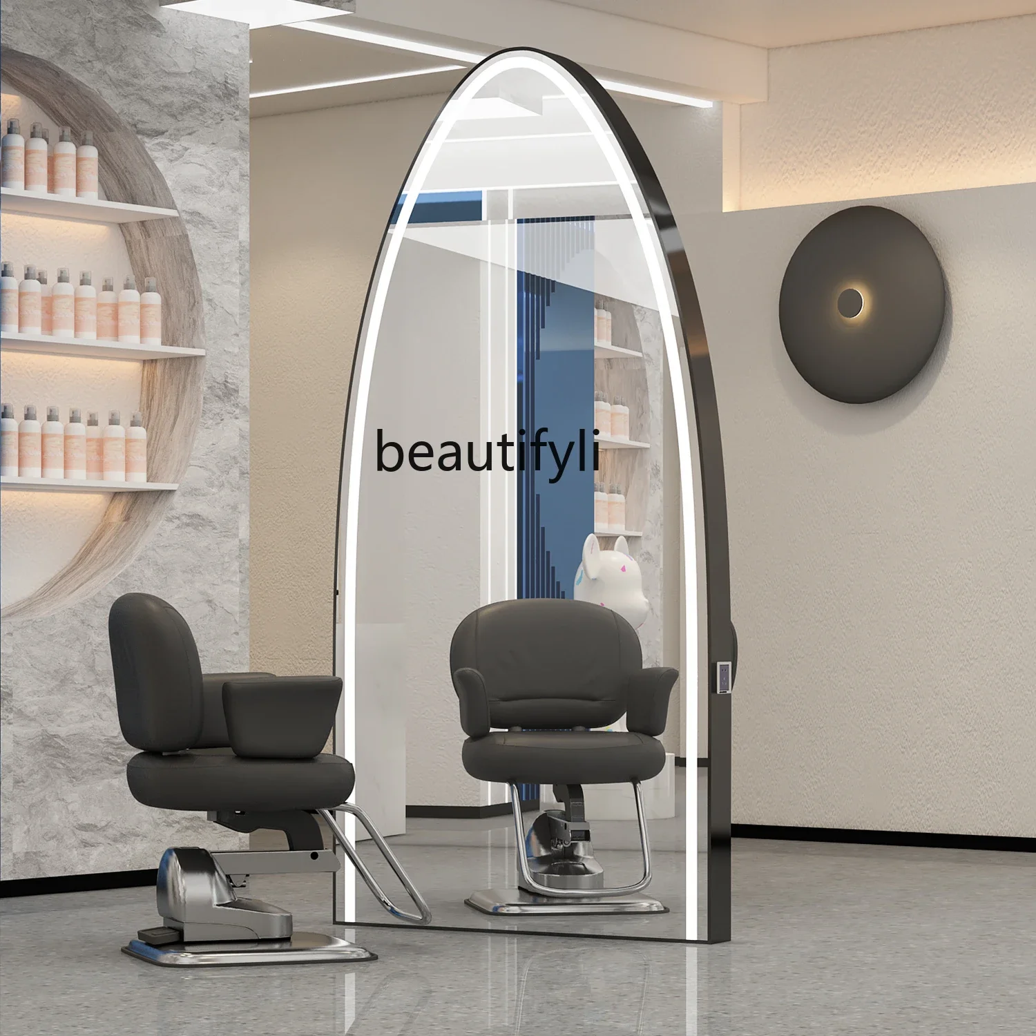 Barber Shop Single-Sided Mirror for Hair Salon Double-Sided Stainless Steel Floor Hair Cutting Mirror with Light