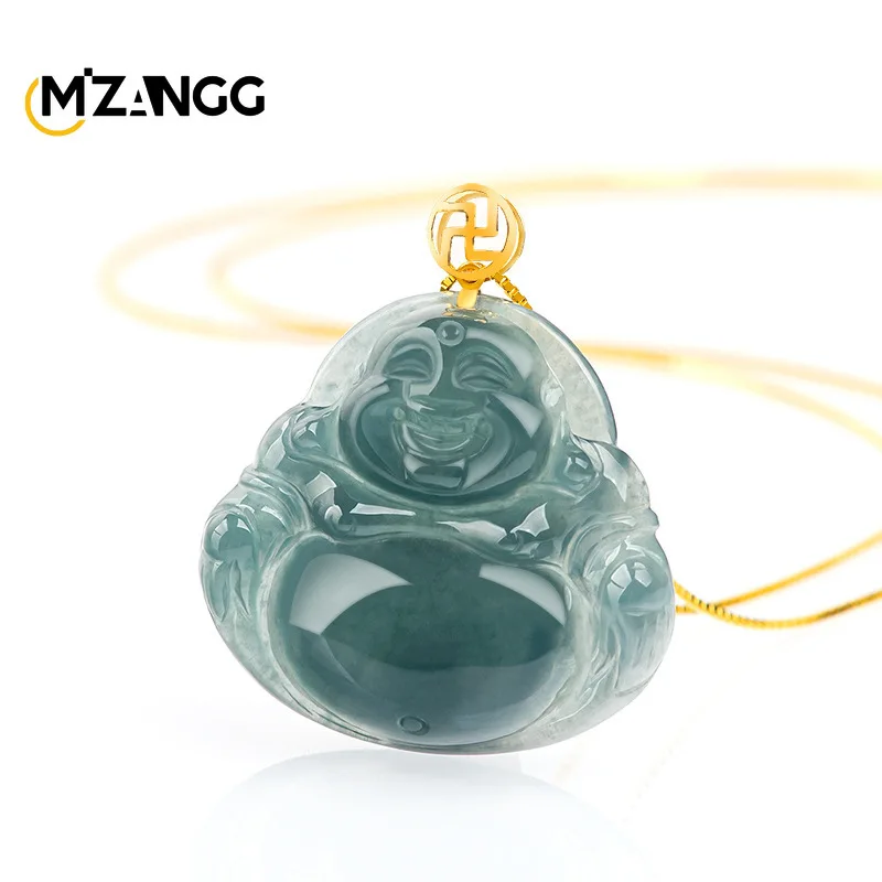 

High-end Natural Jadeite Blue Water Buddha Pendant, Fashionable Engraved Ice-quality Male and Female Jade Necklace