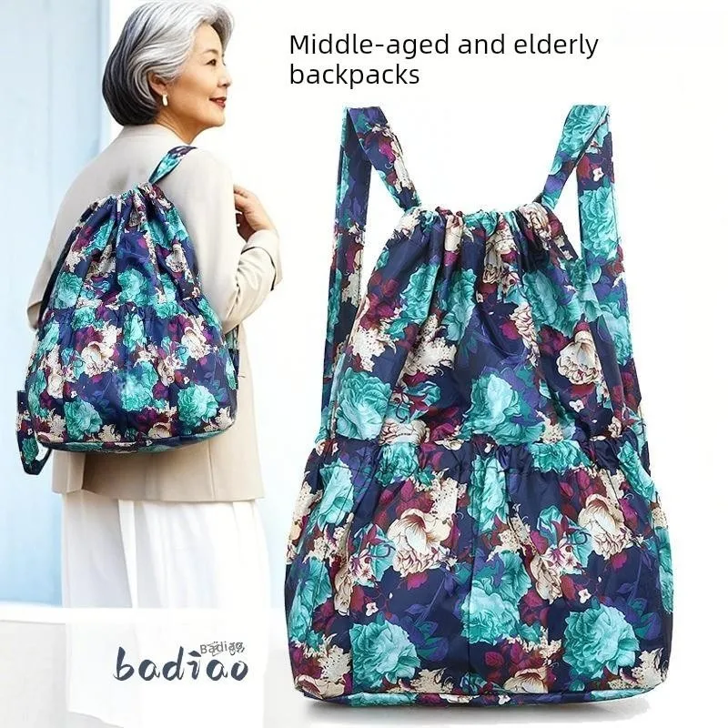 Large Capacity Canvas Backpack for Middle-Aged And Elderly People Shopping Bags with Pockets Printed Grocery Backpacks
