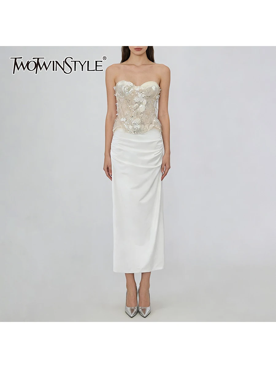 

TWOTWINSTYLE Fashion Two Piece Set for Women Strapless Sleeveless Tunic Spliced Sequins Top High Waist Long Skirt Set Female New