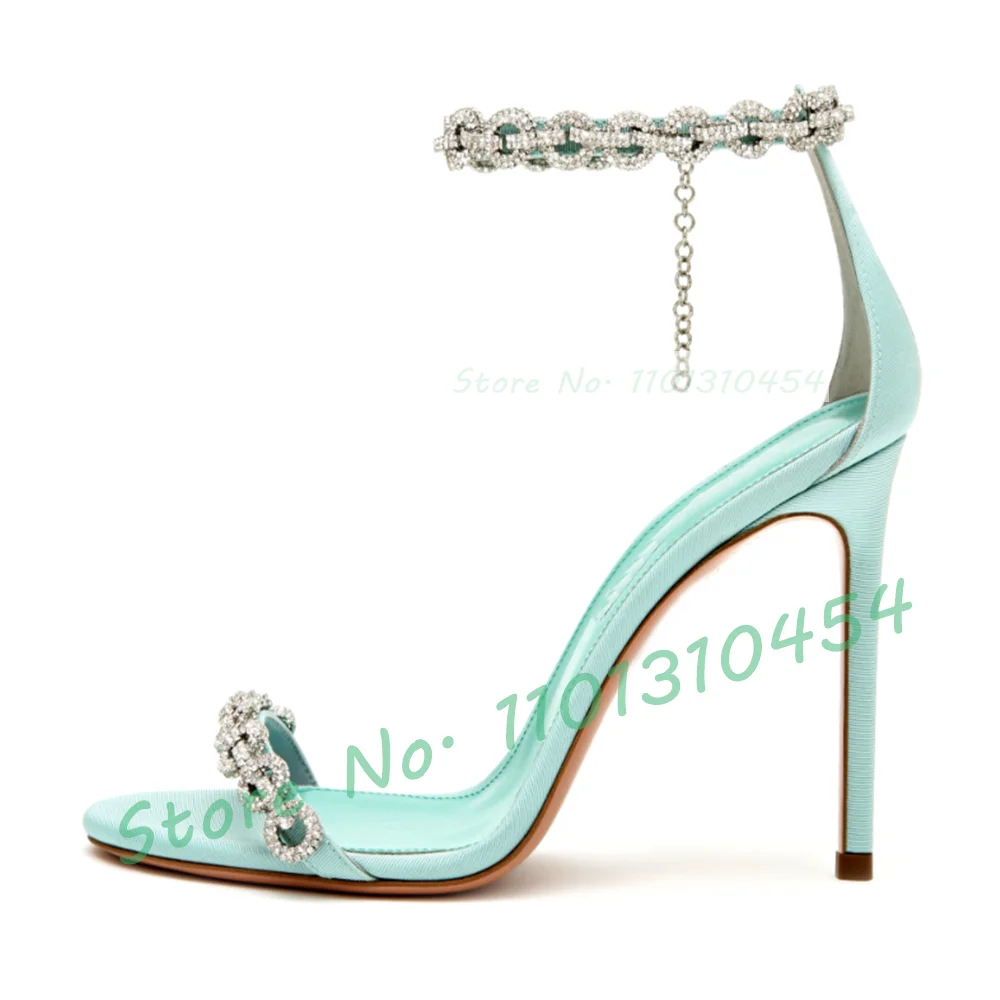 Crystal Chain-link Blue Sandals Women Luxury Lustrous Satin High Heels Shoes Summer Ladies Diamond Strap Open Toe Elegant Shoes