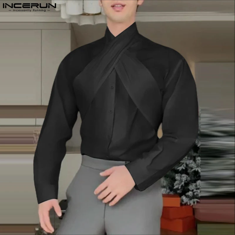 INCERUN قميص رجالي بلون سادة مع فيونكة وأكمام طويلة ملابس رجالية غير رسمية فضفاضة موضة أنيقة ملابس الشارع الشهير قمصان قمصان