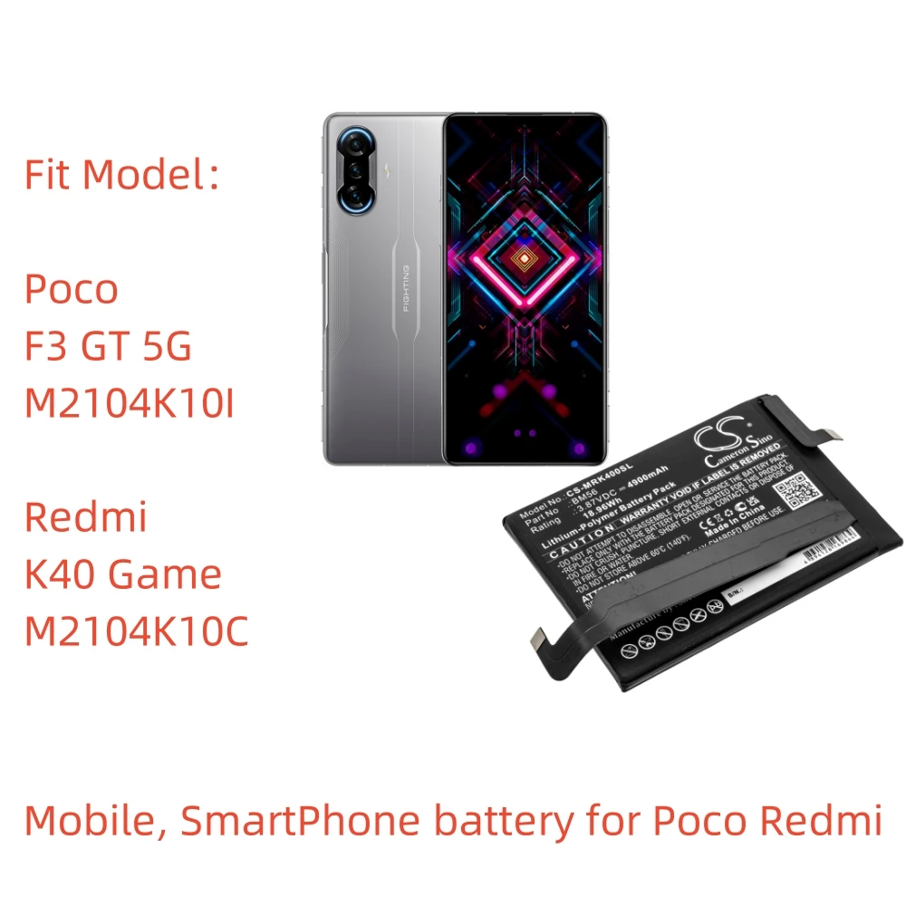 

CS Li-Polymer Mobile, SmartPhone battery for Poco Redmi,3.87V,4900mAh,F3 GT 5G M2104K10I K40 Game M2104K10C,BM56