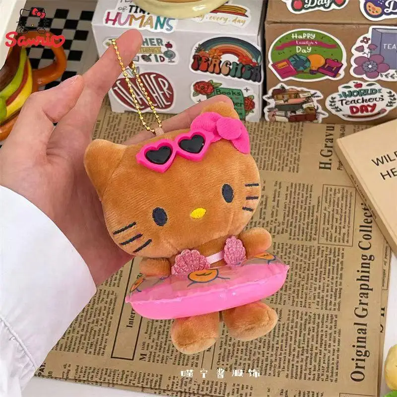 Sanrio Hello Kitty Plush Keychain Brown White Swim Ring Stuffed Plushies Key Ring Bag Toys Bag Pendant Accessories Girl Gifts