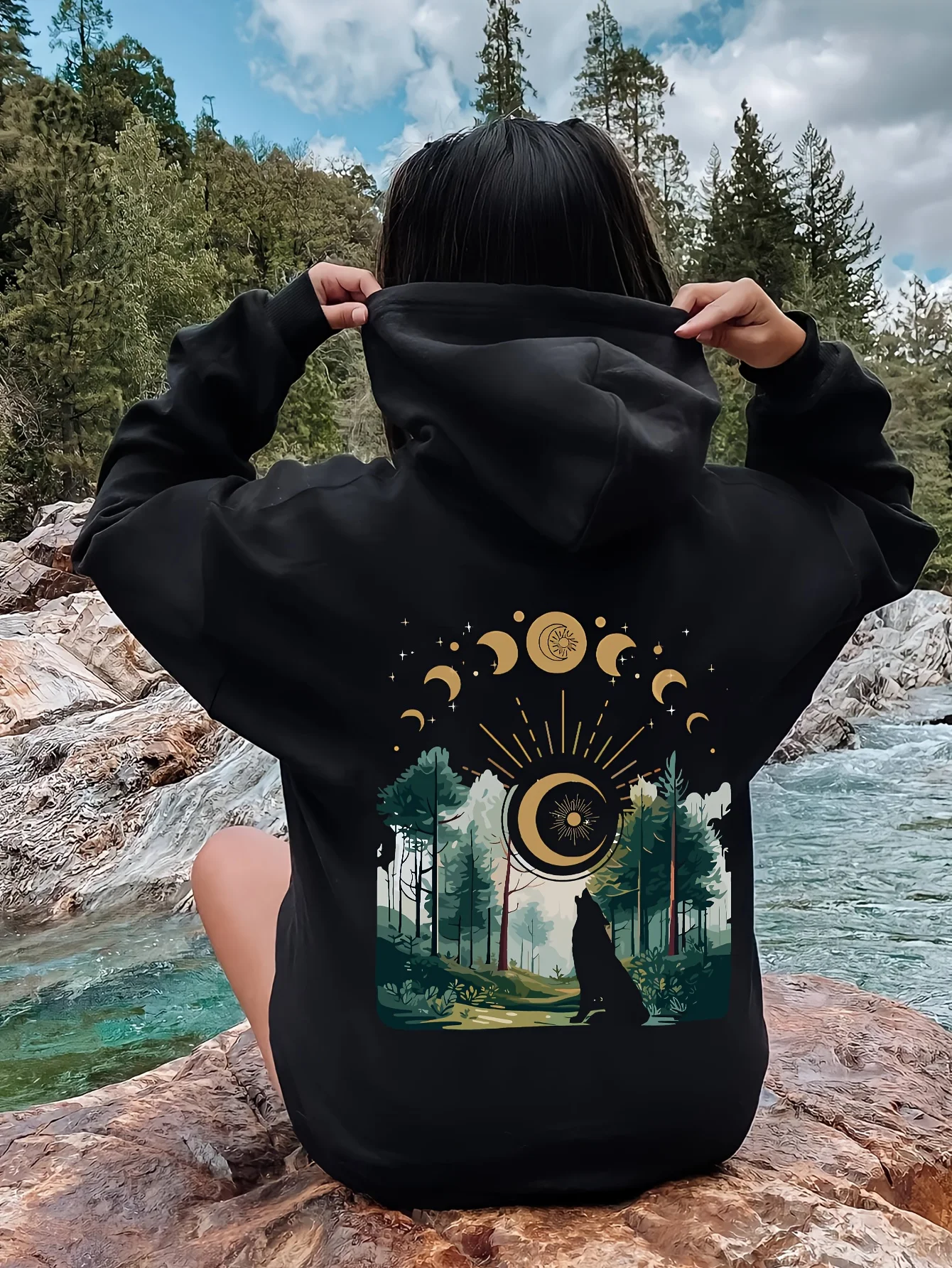 Women's Moon Phase Wolf Hoodie Hip Hop Sports Casual Streetwear Forest Howling Wolf Print Oversized Pullover Sweatshirt Tops