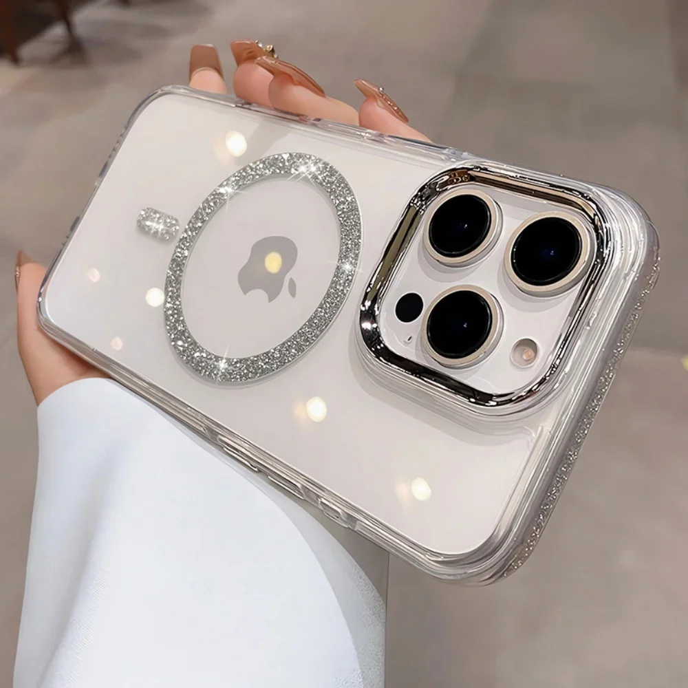 Luxus Bling Glitte für Magsafe Klar Fall Für iPhone 17 Air 16 Pro 15 14 13 12 11 Pro max Magnet Metall Überzug Objektiv Rahmen Fall – Detail 7