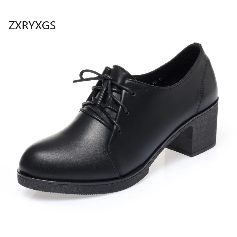 ZXRYXGS New Trendy Genuine Leather Round Toe Lace-up Thick Mid Heels 2026 Elegant Comfort Autumn Winter Shoes Woman Large Size